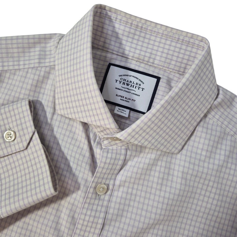 Charles Tyrwhitt Dress Shirt Mens 16/33 Super Slim Purple Check Cotton Stretch